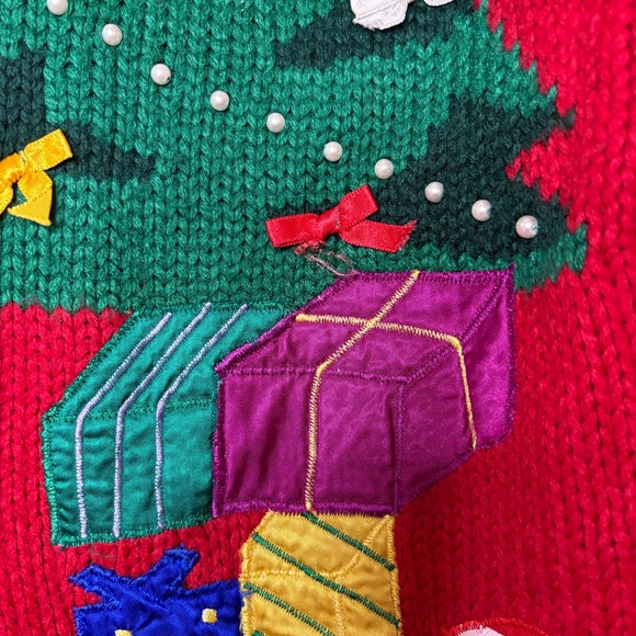 Vintage 90s Red Graphic Knit Embellished Ugly Christmas Sweater - Picture 2 of 6